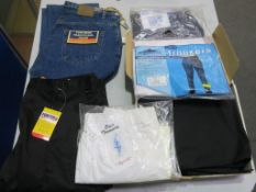 * A box containing Waterproof Trousers (XXL) and other Trousers (Small, 38)