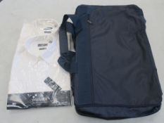 * A box of Quadra 'French' Navy Bags (3) and White Oxford style Shirts (15, 21 inches etc)