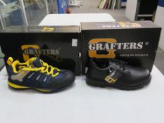 * Two pairs of new/boxed Grafters Footwear: a pair of Navy/Yellow Safety Trainer Shoe 'Blue Bird'