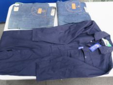 * A box of Wrangler Denim Jeans and a Click Workwear Boiler Suit 36''