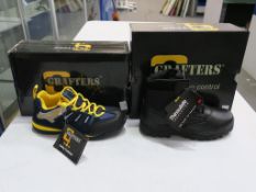 * Two pairs of new/boxed Grafters Footwear: a pair of Navy/Yellow Safety Trainer Shoe size 4 and a