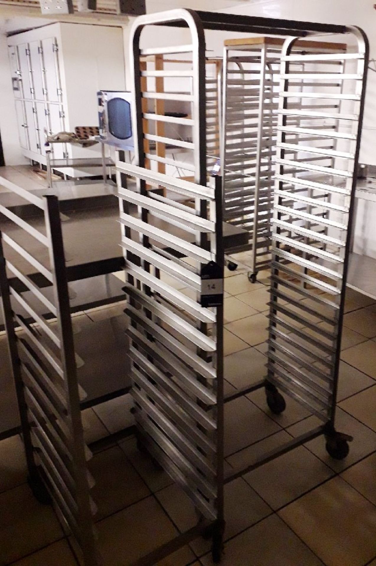 Two Mobile stainless steel tray racks (one rack has been cut down in height) - Image 2 of 3