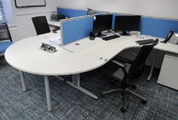 2 Desk cluster with meeting end, 2 under desk pedestals with privacy screens and 2 upholstered arm