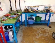 2 x blue metal benches, one with fixed vice, and assortment of hand tools