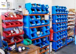 3x Linbin racks, and shelf unit, and contents including nuts, bolts, studs, bearings, flanges, seals