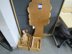 Tree shaped wooden notice board and 2 wooden boxes containing various woodcraft items