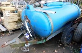 Blue Single Axle Plastic Tank Water Bowser fitted with Stuart Turner 240v electric pump, trailer