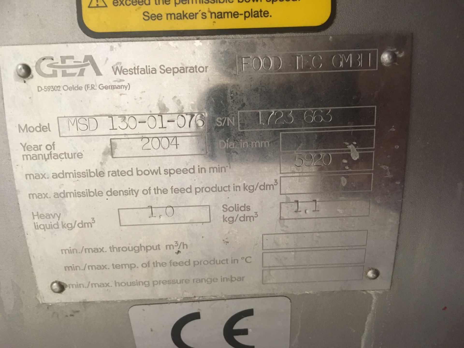 * 2004 Gea Westfalia MSD 130-01-07 Separator and Control Panel (Capacity c 20,000 Litres Per Hour) - Image 3 of 9