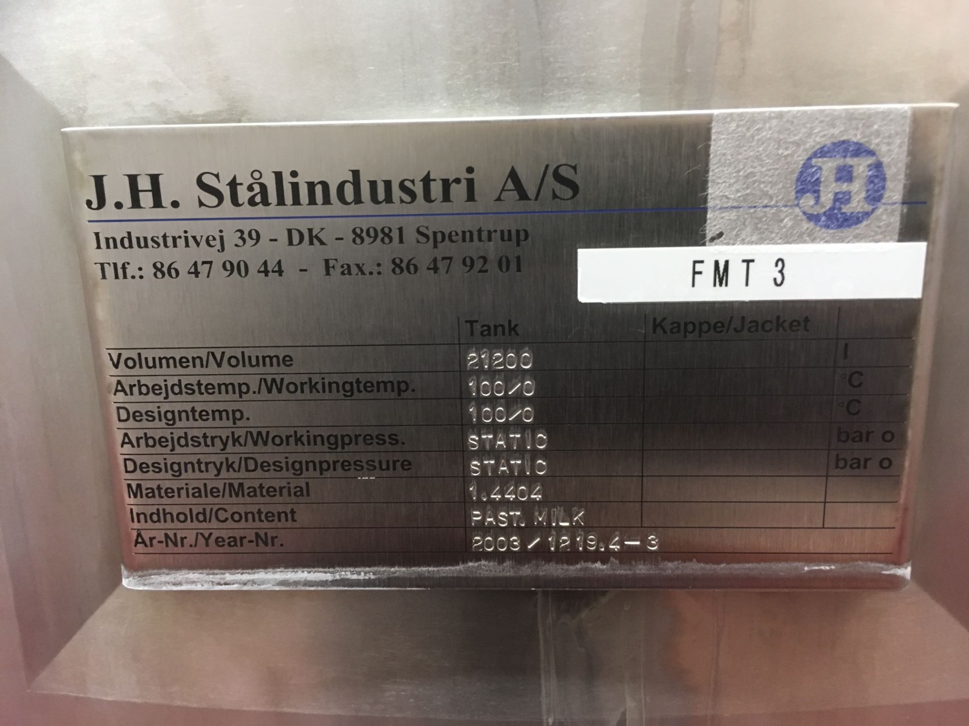 * 2003 JH Stalindustri 21,200 Litre finished Milk Tank with Full/Empty/Level/ Temperature Probes, - Image 2 of 2