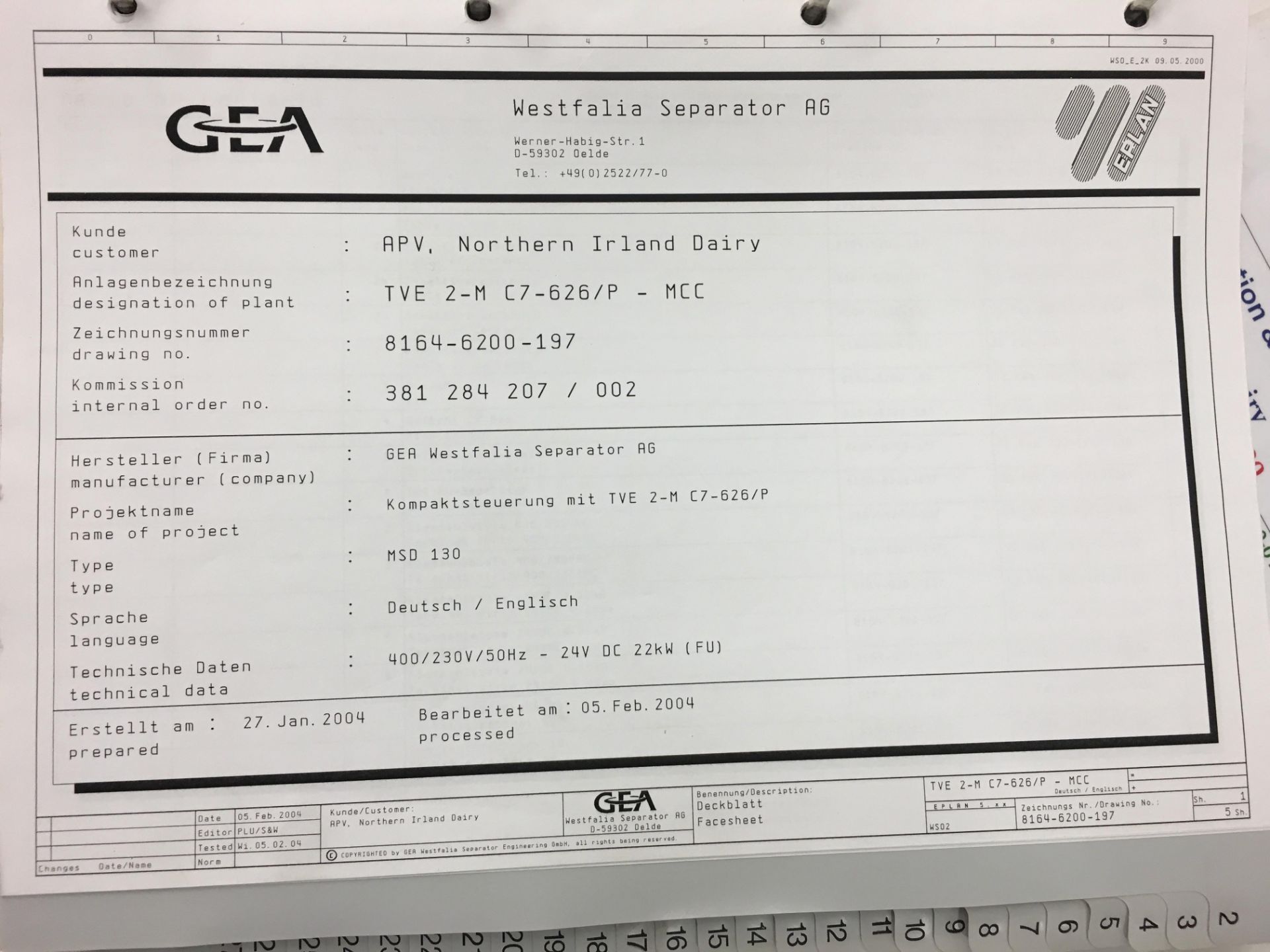 * 2004 Gea Westfalia MSD 130-01-07 Separator and Control Panel (Capacity c 20,000 Litres Per Hour) - Image 7 of 9