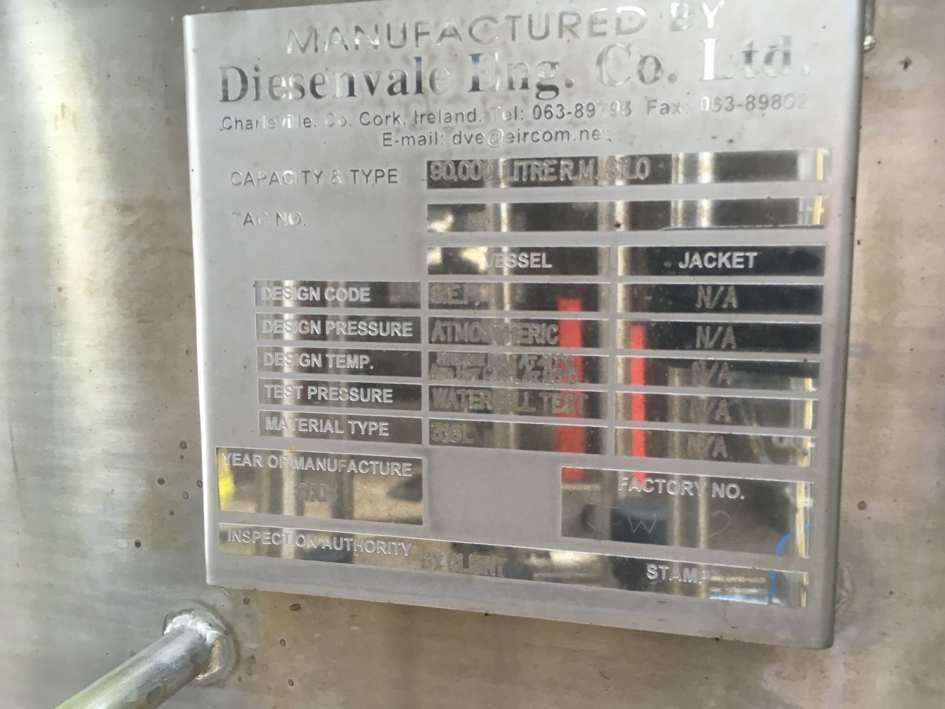 * 2003 Diesenvale Engineering Insulated 90,000 Litre Stainless Steel Tank with agitator, Level and - Image 3 of 3