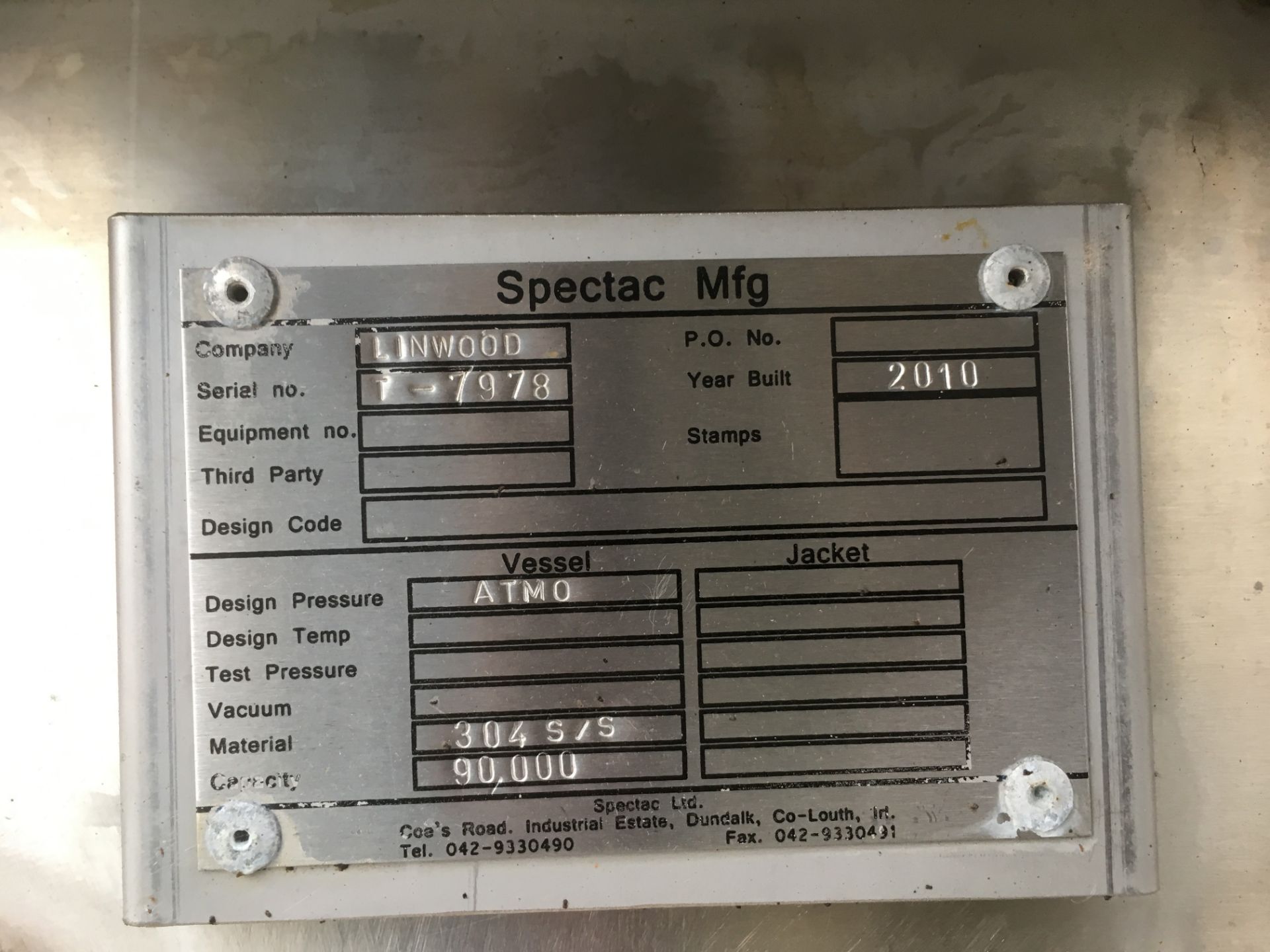 * 2010 Spectac Insulated 90,000 Litre Stainless Steel Tank with agitator, level probes and - Image 4 of 4