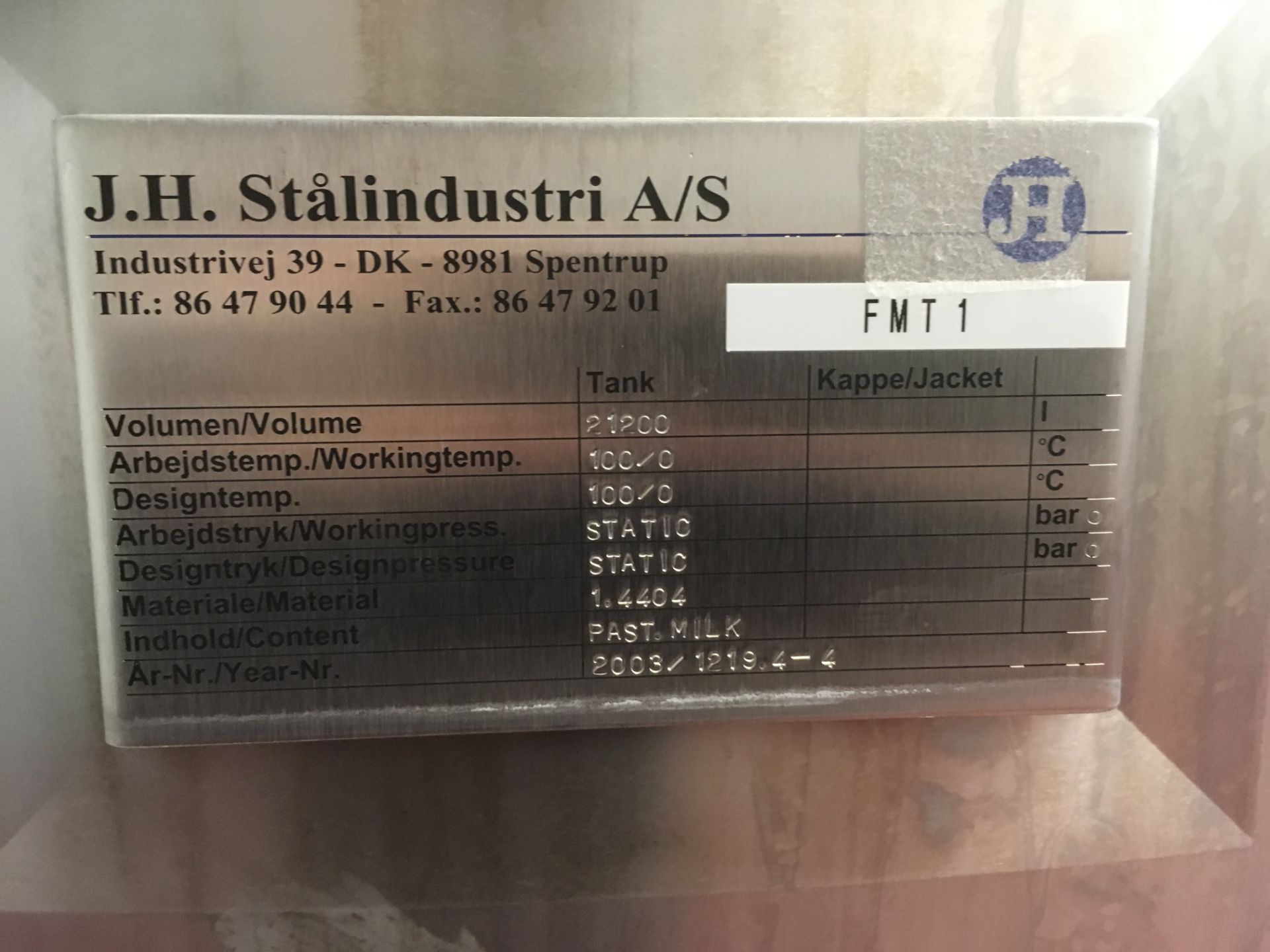 * 2003 JH Stalindustri 21,200 Litre finished Milk Tank with Full/Empty/Level/ Temperature Probes, - Image 3 of 3