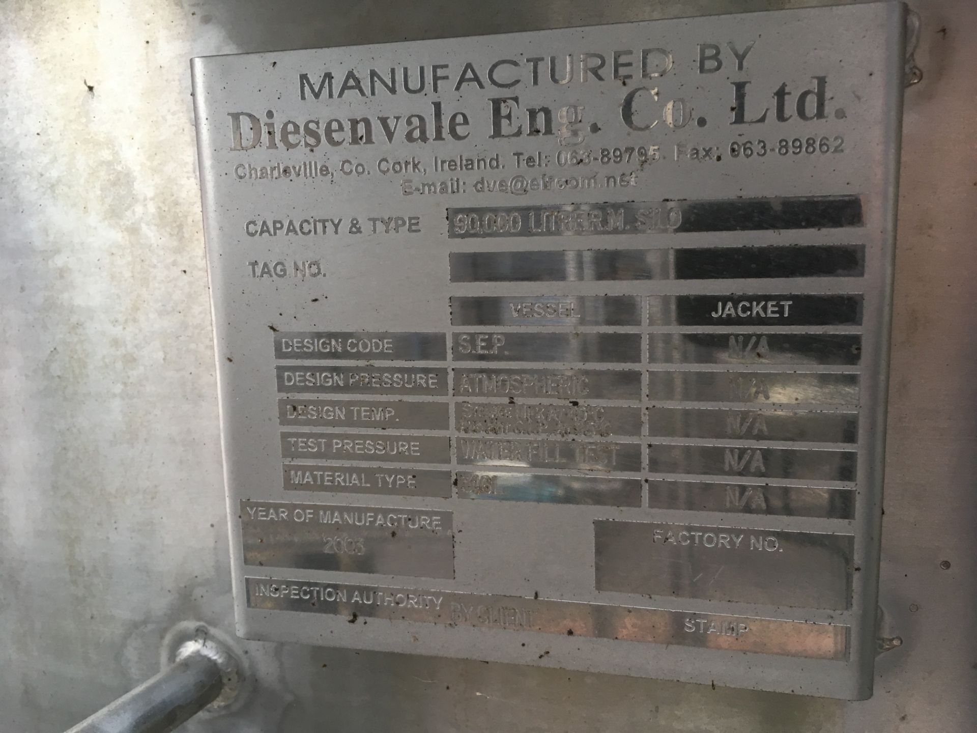 * 2003 Diesenvale Engineering Insulated 90,000 Litre Stainless Steel Tank with agitator, Level and - Image 3 of 3