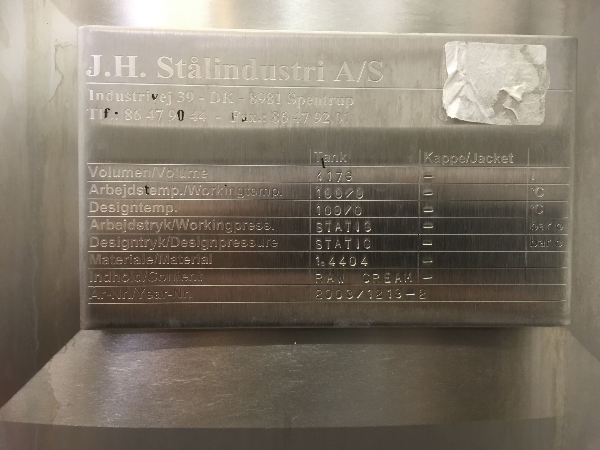 * 2003 J H Stalindustry 4179 Litre Stainless Steel Raw Cream Tank with Agitation, Temperature - Image 2 of 4