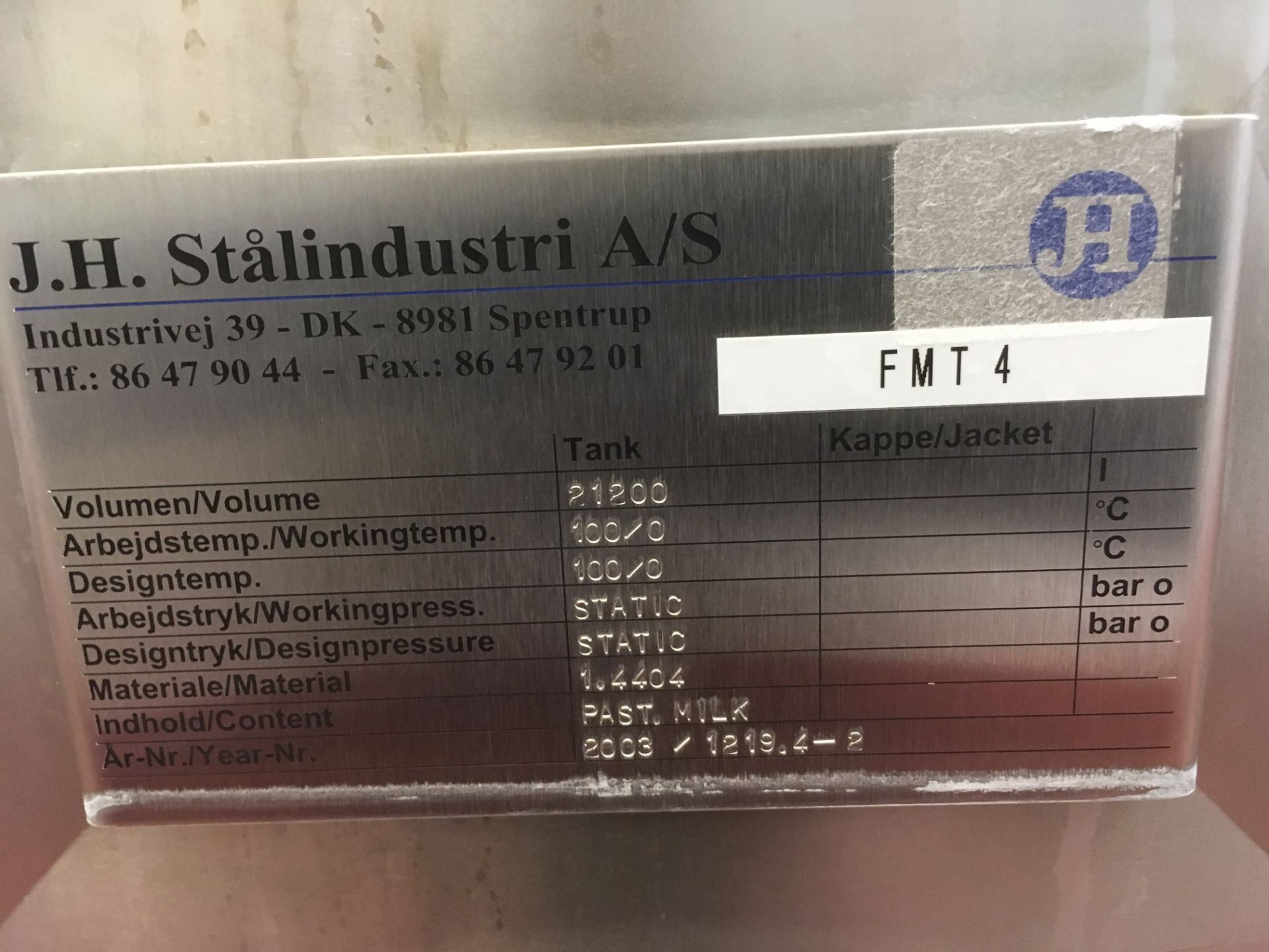 * 2003 JH Stalindustri 21,200 Litre finished Milk Tank with Full/Empty/Level/ Temperature Probes, - Image 2 of 5