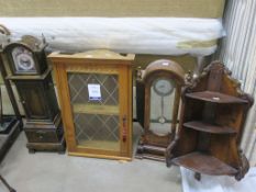 Two miniature 'longcase' style Clocks (H 86cm and 73cm) together with a two shelf single door Wall