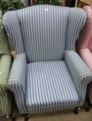 * Two Wing Fireside Chairs with cabriole front legs Upholstered in a Blue and White Stripe and a