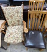 * An oak ladder back elbow Chair (with loose cushions) together with a pair of rail back single