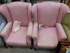* A pair of Pink and White Stripe Upholstered Wing Armchairs with cabriole front legs (est £30-£50)