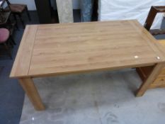 * A Modern Oak Finish Rectangular Dining Table with plain top and supports 161cm (est £40-£60)