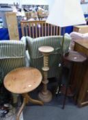 * Miscellaneous Lot: Inlaid Mahogany Plant Stand, Pine Tripod Table, Pine Torchere and a Brass