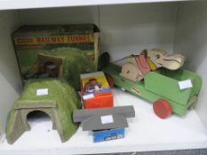 Vintage Triang Wooden Pull Along Rabbit, A Merit, Vintage Railway Tunnel with Original Box, A box of