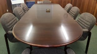 * 10.5 foot x 3.5 foot stained hardwood table with 8 chairs. Please note this lot is located at