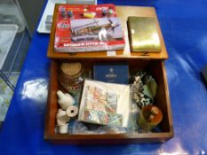 A Wooden Desk with contents to include: Ladies Travelling Vanity Case, Airfix & Spitfire, Ladies