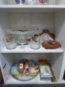 Two shelves to include Jaguar Tie Clip, Figured Cork Stoppers, Flower Ladder, Crystal Glass '