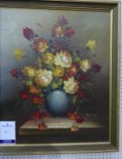 A Framed Still Life Oil Painting of a Vase with Red, Orange and Yellow Flowers signed R. Cox (Robert