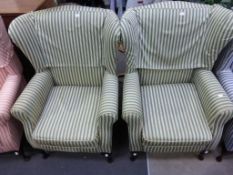 * A pair of Green and White Stripe Upholstered Wing Armchairs with cabriole front legs (est £30-£