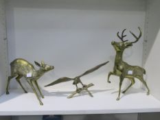 * Three Large Brass Animal Figures: a Stag, Doe and an Eagle with spread wings on a branch (3) (