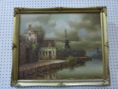 A Framed Oil Painting of a Windmill and a Lake signed I. Costello (50cm x 40cm) (est £60-£80)
