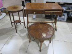 * A Drop Leaf Rectangular Table with two drawers with turned stretcher on metal castors (H 74cm, W