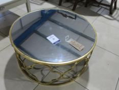 * A Large Round Mirror Coffee Table with Gold Coloured Metal Frame (H 35cm, D 79cm) (RRP £320)