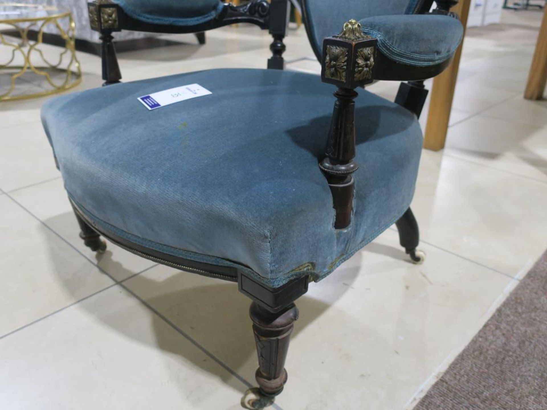 * An Ebonised Chair with turned and fluted supports with blue cushioned seat, arm rests and back - Image 4 of 5