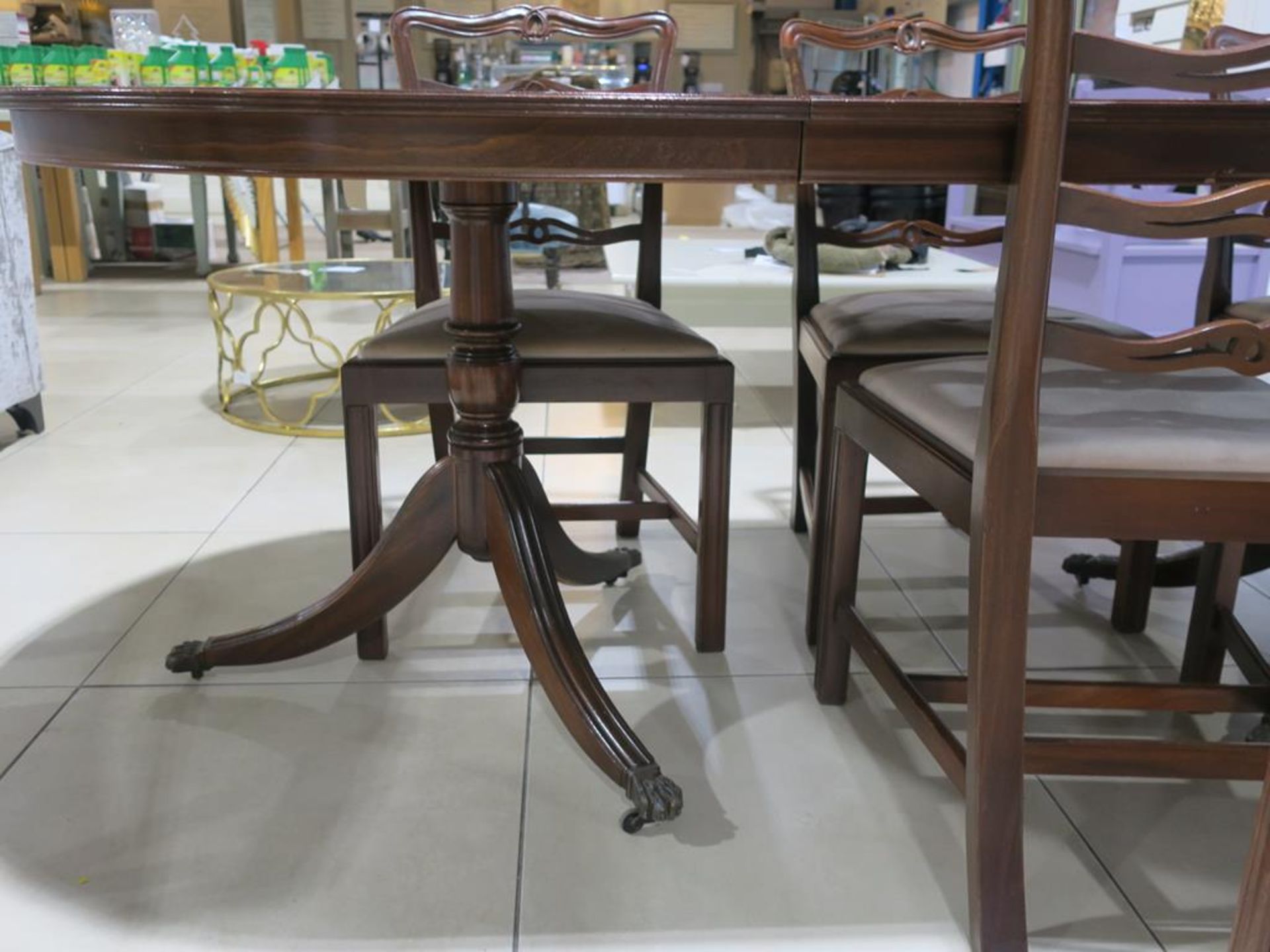 A Reproduction Mahogany Three Pedestal Dining Table with two Carver Ribbon Back Chairs and eight - Image 3 of 5