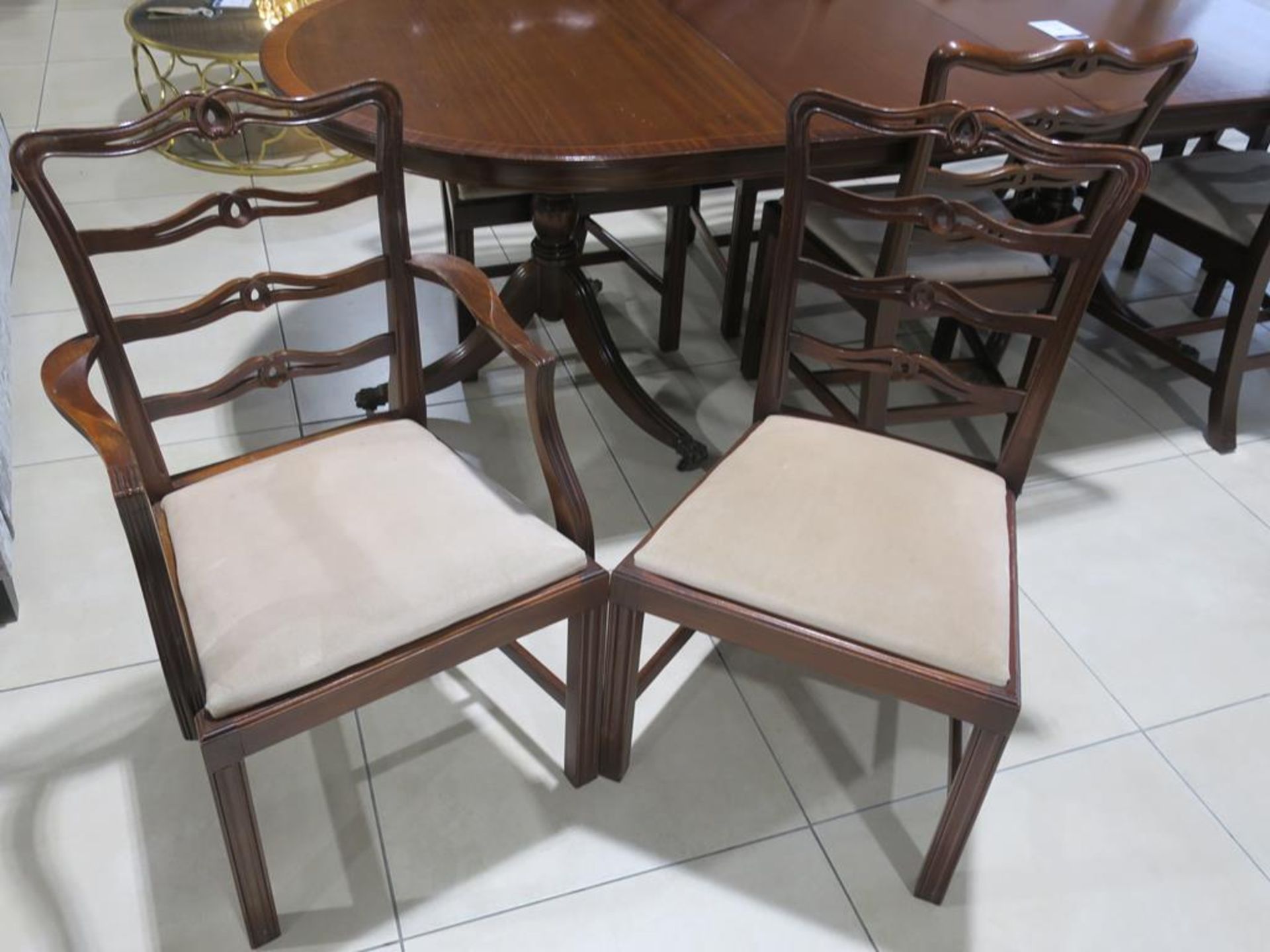 A Reproduction Mahogany Three Pedestal Dining Table with two Carver Ribbon Back Chairs and eight - Image 2 of 5