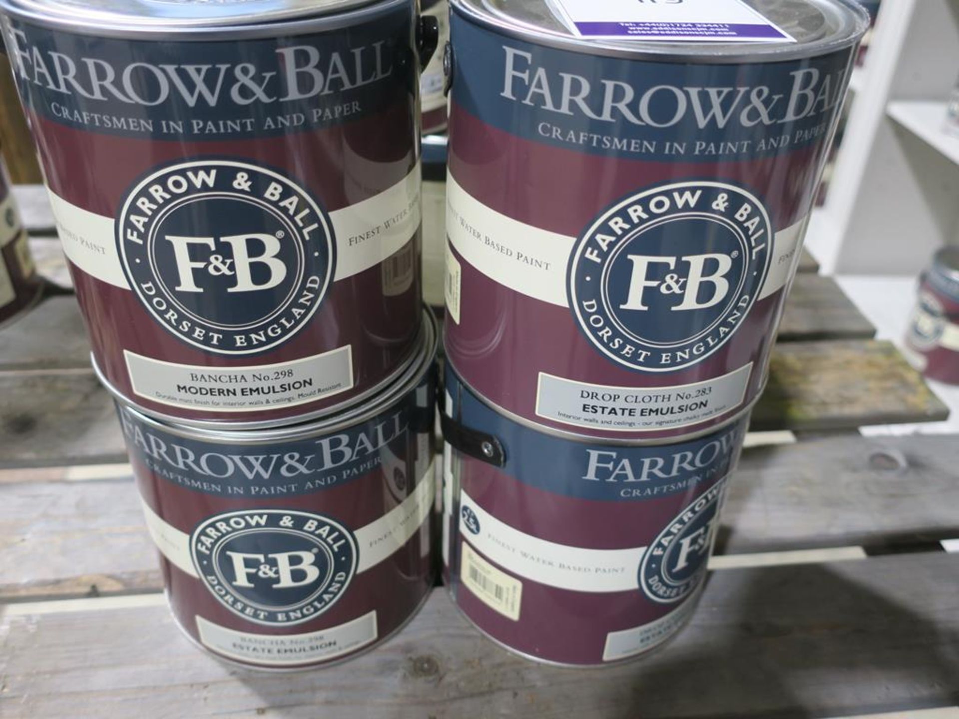 * Farrow and Ball - 4 tins of Paint - 2 x 2.5L Bancha No 298 Estate Emulsion, 2 x 2.5L Drop Cloth No