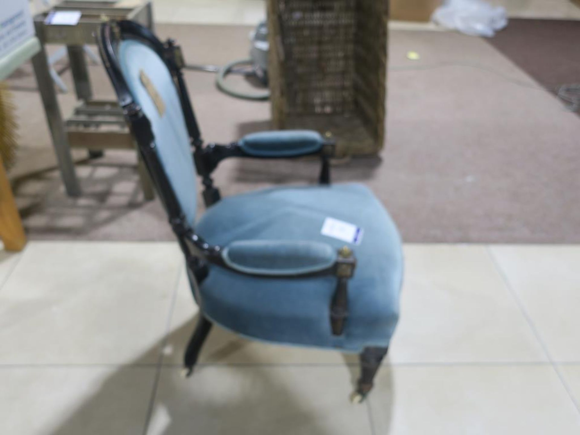 * An Ebonised Chair with turned and fluted supports with blue cushioned seat, arm rests and back - Image 2 of 5