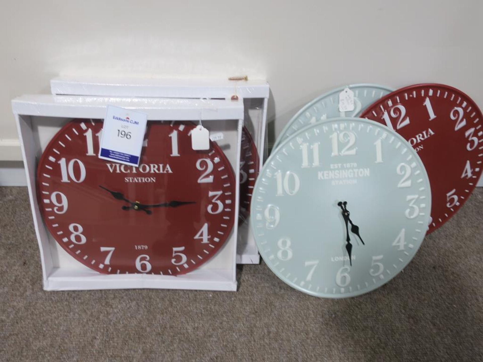 * Two boxed, three unboxed, metal faced, Battery Operated Clocks (RRP £29.99 each, total RRP £149.