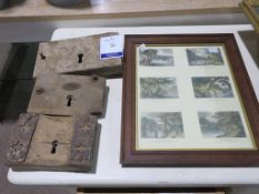Three Antique Locks (largest 16.5cm x 28cm x 5cm) together with an Old Fishing Print framed (46cm