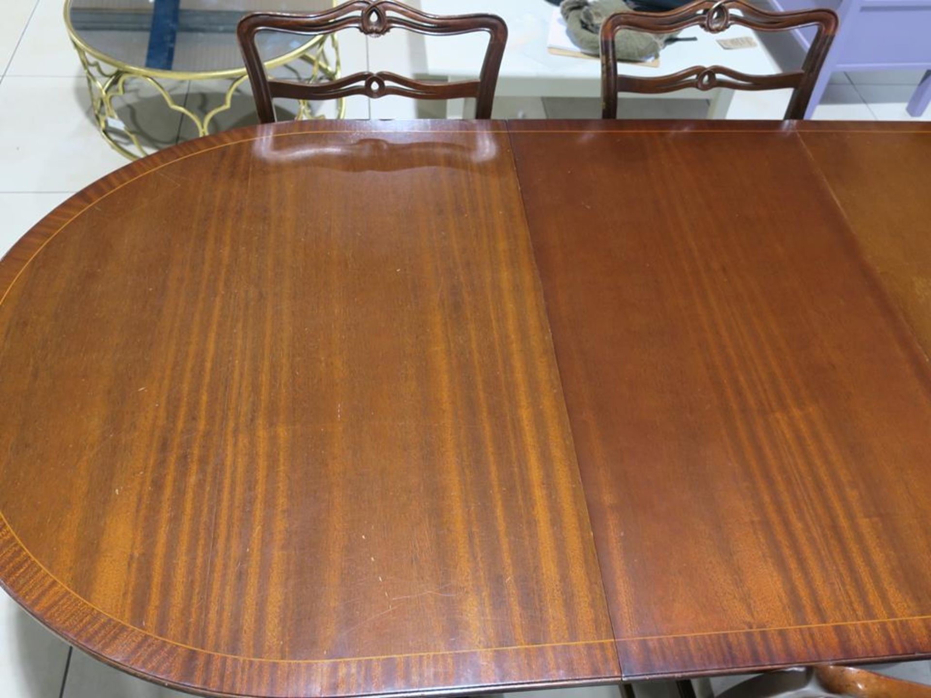 A Reproduction Mahogany Three Pedestal Dining Table with two Carver Ribbon Back Chairs and eight - Image 4 of 5