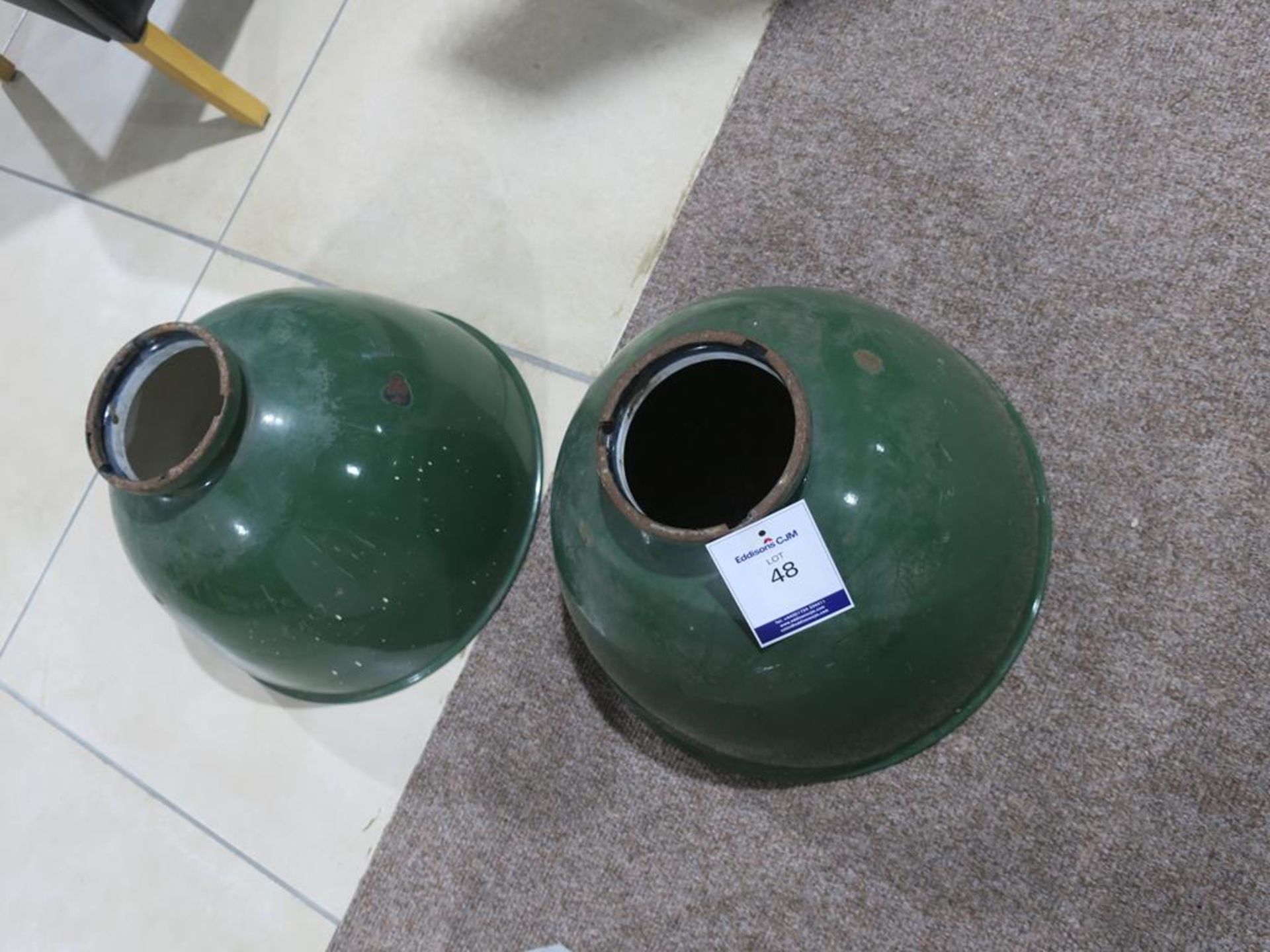 Two Green Metal Early Light Shades (H 31cm, diameter of base 46cm)