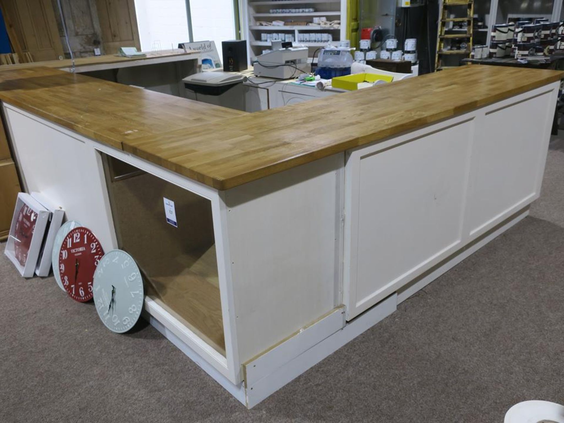 * A Large 'L' shaped Counter in two pieces, each with Block Wood Counter Tops. Large piece H 97cm, W