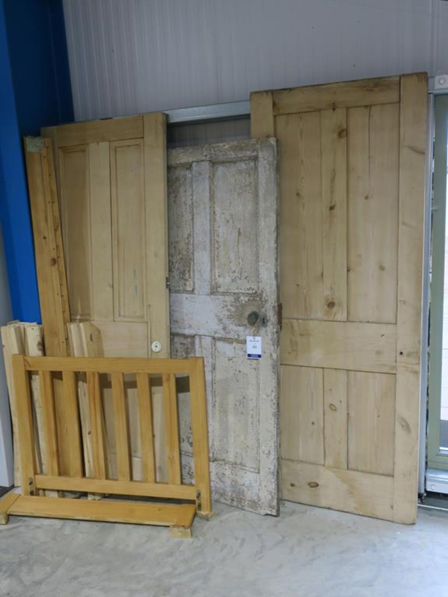 Three Reclaimed Solid Pine Doors (1 - H 198cm, W 78.5cm, D 4cm) (2 - H 177.5cm, W 81cm, D 12cm (with