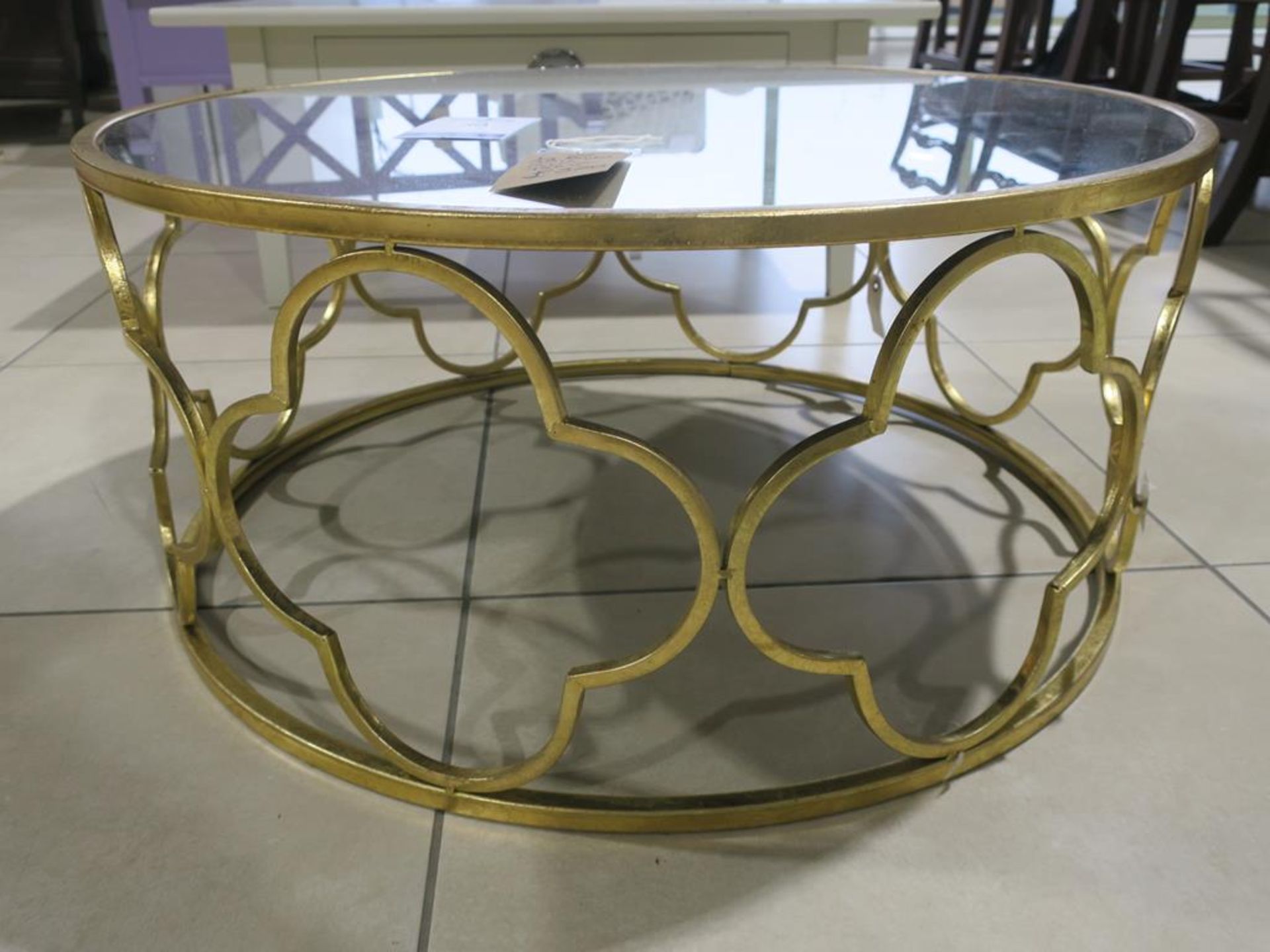 * A Large Round Mirror Coffee Table with Gold Coloured Metal Frame (H 35cm, D 79cm) (RRP £320) - Image 2 of 3