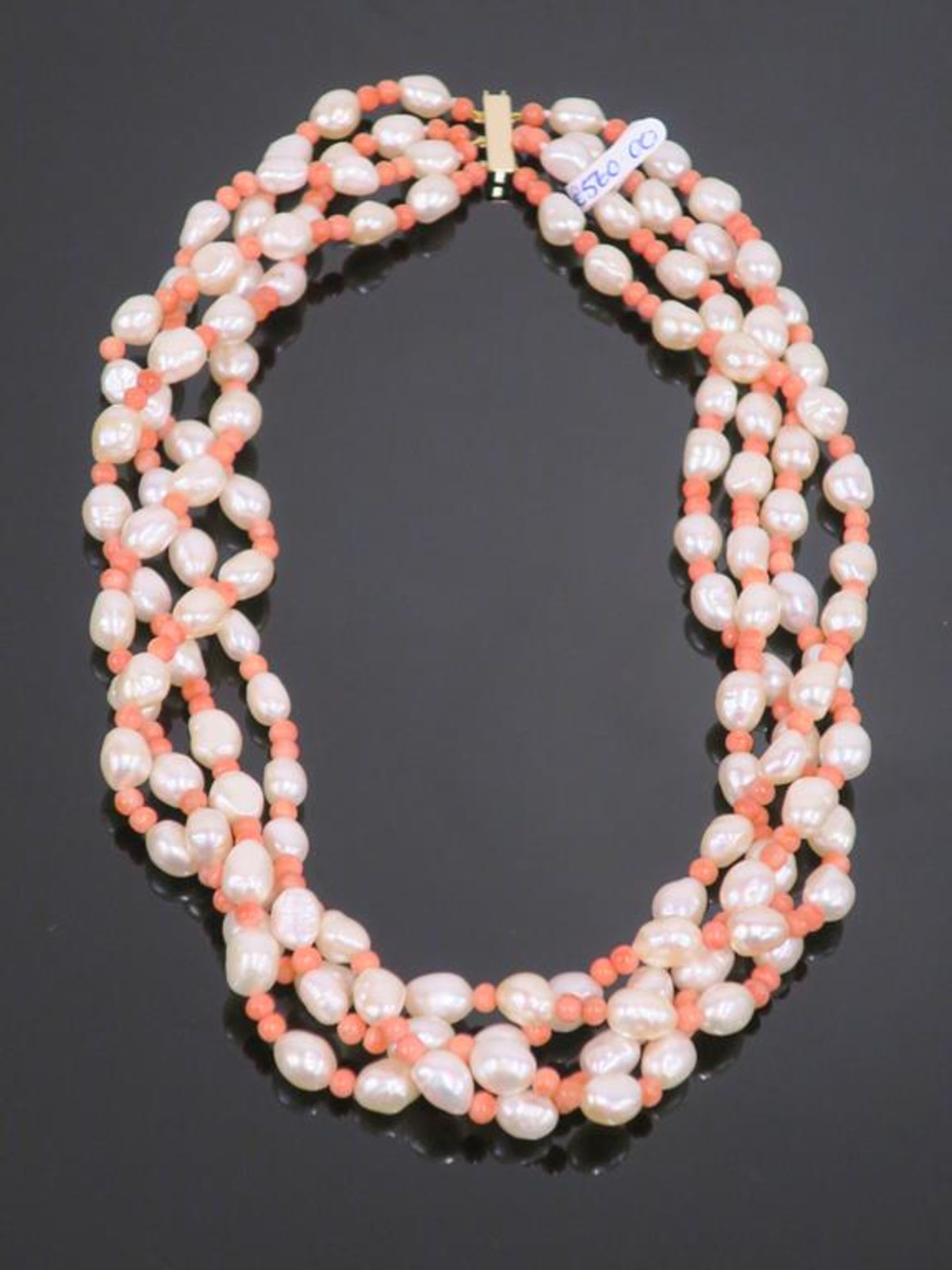 * 9 Carat Gold Three Strand Coral & Freshwater Pearl Necklace (Retail Price; £560) (42552)