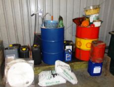 15w/40 E7 Oil, approximately 170 litres with spill pallet and assorted lubricants, and plastic